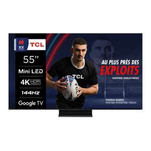 TV 55" TCL 55C802 - Mini-LED, 4K UHD, 144 Hz, HDR Premium 1300, Dolby Vision, HDMI 2.1, VRR/ALLM, Google TV (Via 100€ sur la carte)