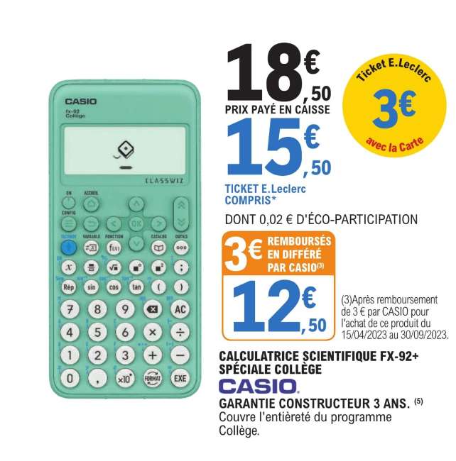 Calculatrice scientifique Casio Collège FX92 Collège (Via 3€ sur la Carte de Fidélité & Via ODR de 3€)