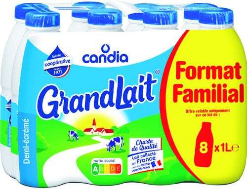 Pack de 8 bouteilles de lait Candia GrandLait UHT demi-écrémé - 8 x 1L