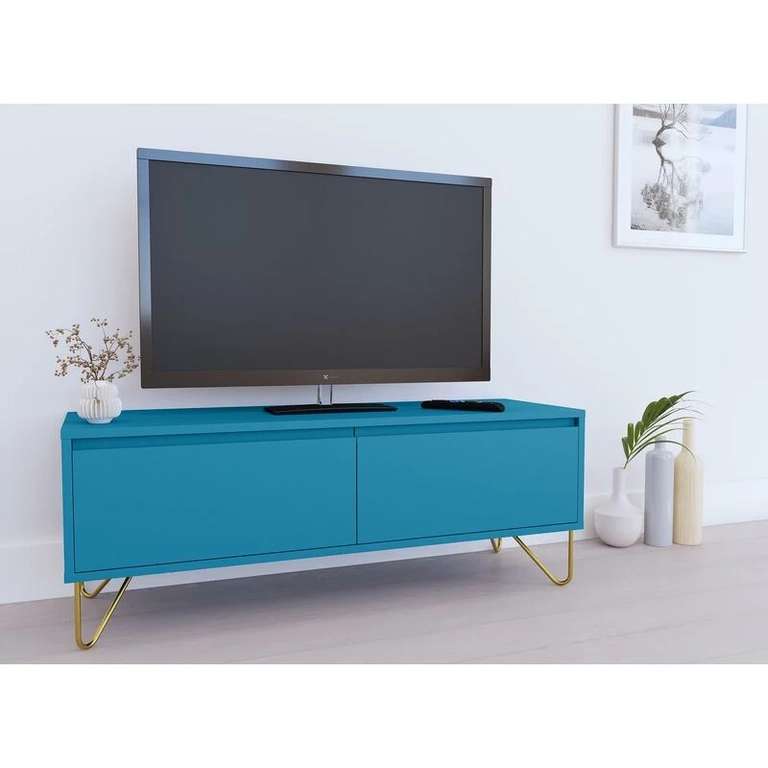 Meuble TV 1 tiroir 1 porte bleu canard Darina (decoinparis.com)