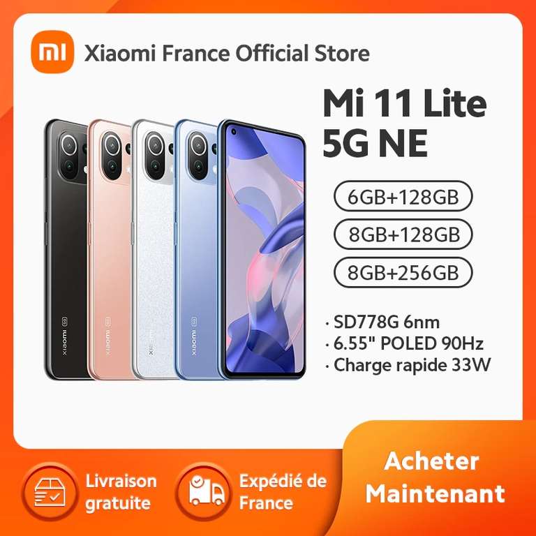 Smartphone 6.55" Xiaomi Mi 11 Lite 5G NE - 128 Go de stockage, 8 Go de RAM (Entrepôt France - via coupon vendeur - 229,9€ via 20PLA)