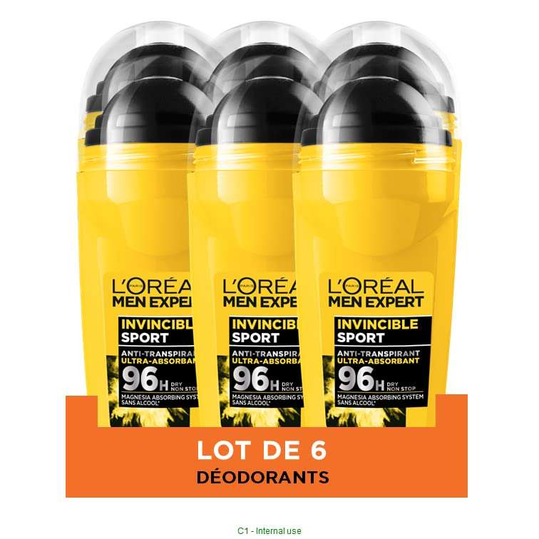 Lot de 6 déodorants bille L'Oréal Men Expert Invincible Sport - 6x 50 ml