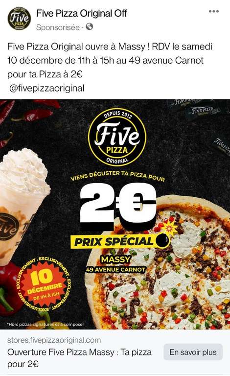 Toutes les pizzas à 2€ de 11h à 15h - Five Pizza Original Massy (91)