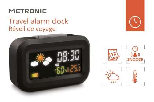 Réveil numérique de Voyage à Piles Metronic (477340) avec écran LCD rétroéclairé en Couleur