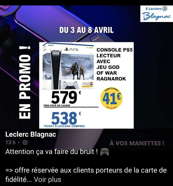 Pack console Sony PS5 Edition Standard + God Of War Ragnarok (via 41€ sur la carte fidélité) - Blagnac (31)