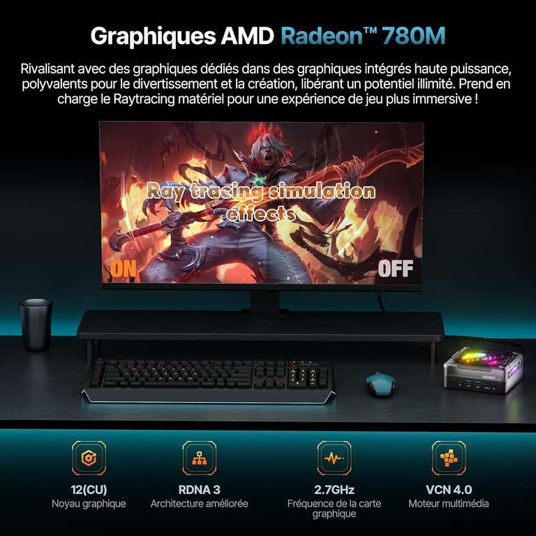 Mini PC ACEMAGIC AM18 - Ryzen 7 7840HS, RAM 32Go DDR5, SSD 512 Go, Radeon 780M, WiFi 6, Triple Display, 2xRJ45, RGB, Win11
