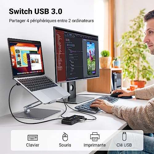 Switch Commutateur USB 2.0 Ugreen 4 Ports pour 2 PC 2 Entrées 4
