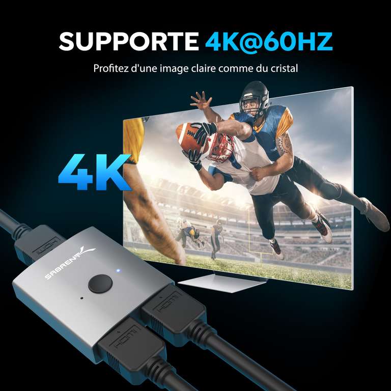 Commutateur HDMI Sabrent - Bi-directionnel, jusqu'à 4K@60hz (Vendeur Tiers)