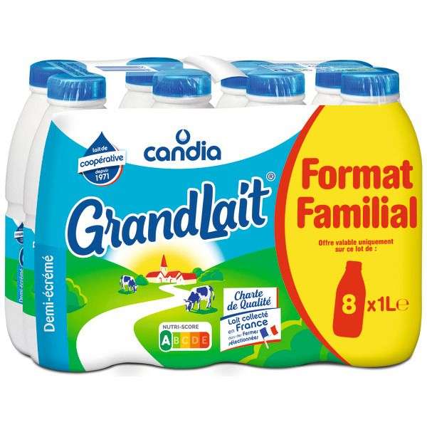 Pack de 8 bouteilles de lait Candia GrandLait UHT demi-écrémé - 8 x 1L (via 1.62€ sur la Carte de Fidélité)