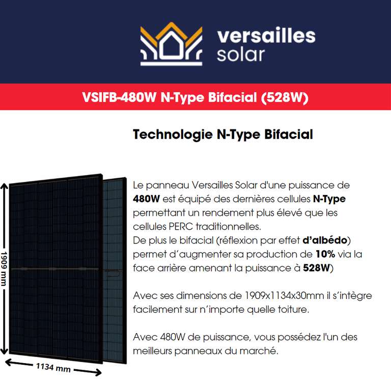 Kit Plug and Play 4 panneaux Versailles Solar bifacial Ntype TOPCon 1920W (materfrance.fr)