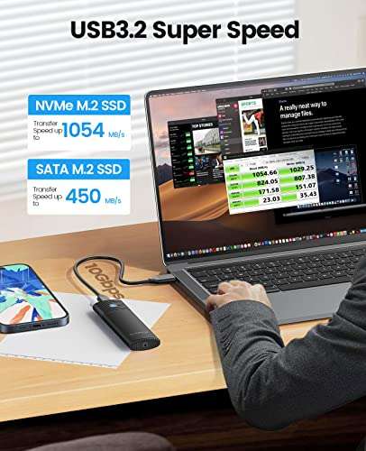 Boîtier SSD M.2 NVMe / SATA Orico - USB-C 3.2 Gen 2, 10Gbps NVME PCIe, 5Gbps NGFF SATA, M-Key B+M Key (vendeur tiers)
