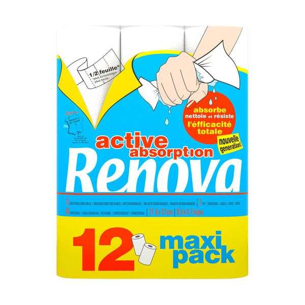 Paquet de 12 rouleaux de papier essuie-tout Renova Active Absorption (Via 6.99€ sur la carte de fidélité)