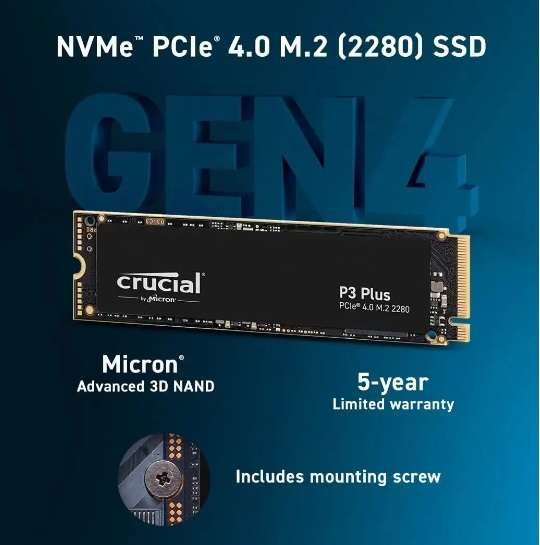 SSD Interne NVMe Crucial P3 Plus 500Go - M.2 PCIe, Gen4