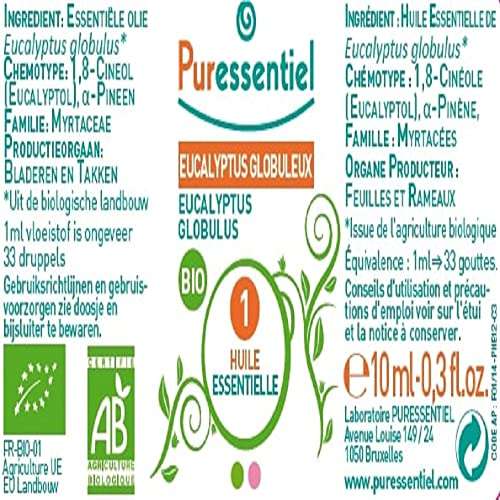 Sélection d'Huiles essentielles Puressentiel en promotion - Ex : Eucalyptus Globuleux – Bio, 10ml, 100% pure et naturelle (via abonnement)