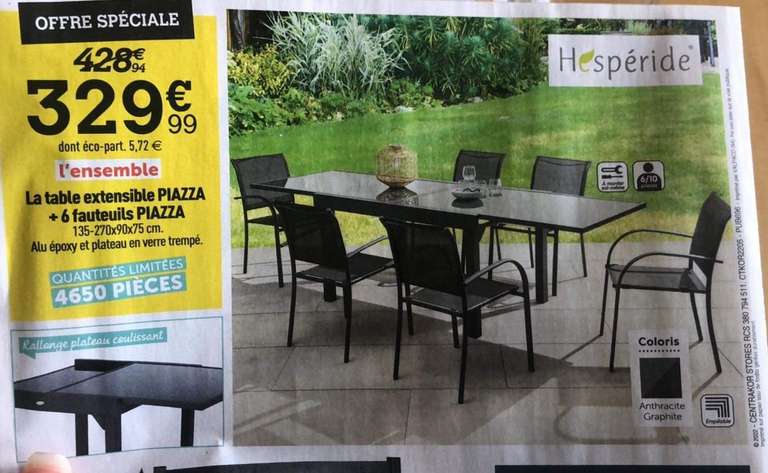 Salon de jardin : table extensible + 6 chaises Hesperide Piazza