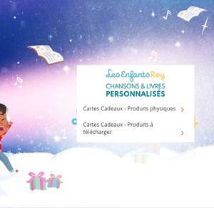 Cartes cadeaux pour le site Les Enfants Roy (Livres & Chansons personnalisés) en promo - Ex: Carte de 19,80€ sur les produits à télécharger