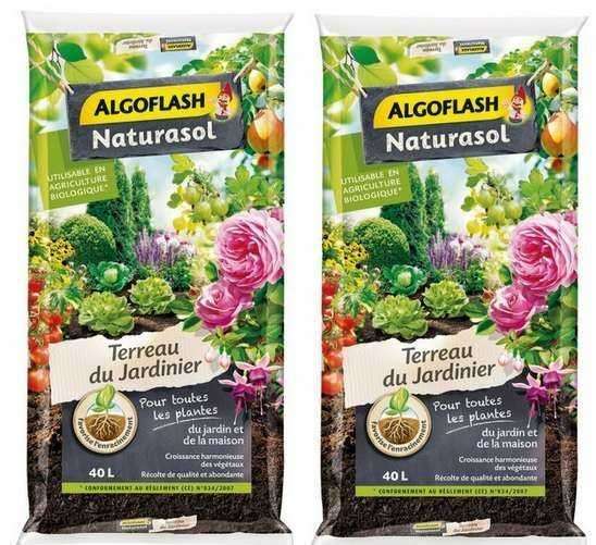 Lot de 2 sacs Terreau du Jardinier Algoflash, utilisable en Agriculture Biologique - 2 x 40 Litres