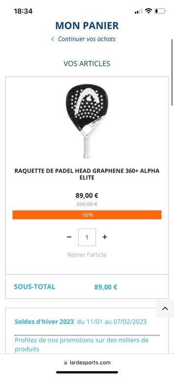 Raquette de Padel Head Graphène 360+ Alpha Elite (10€ de réduction supplémentaire via le code de la Newsletter)