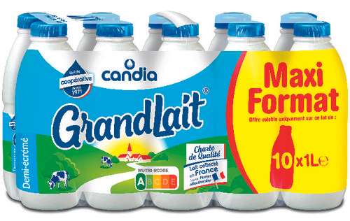 Pack de 10 bouteilles de lait Candia GrandLait UHT demi-écrémé - 10 x 1L