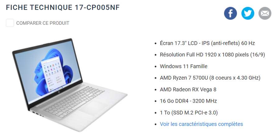 PC Portable 17 HP 17-cp005nf - Full HD, Ryzen 7 5700U, 16 Go RAM, 1 To  SSD, Windows 11 –