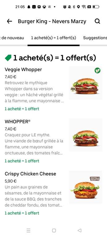 1 Burger acheté parmi une sélection = 1 Supplémentaire offert - Burger king Nevers Marzy (58, via Uber eat)