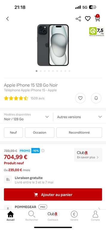Smartphone 6.1" Apple iPhone 15 - 128Go, Modèle A3092