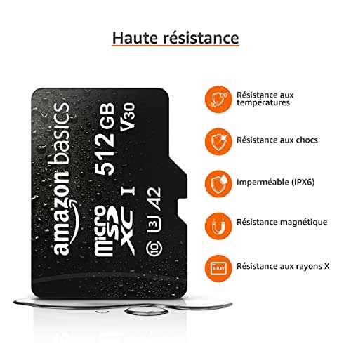 Carte mémoire microSDXC Amazon Basics - 512 Go - A2 U3 - avec adaptateur