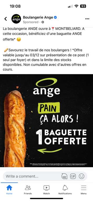 Une baguette offert sur présentation de ce poste - Boulangerie Ange Montbéliard (25)