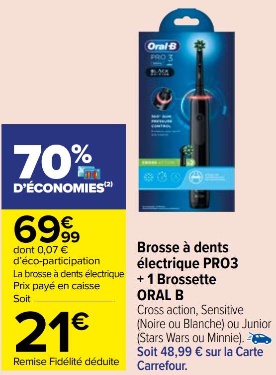 Brosse à dents électrique Oral-B Pro 3 – Différentes Variétés (via 48,99€ sur carte de fidélité + ODR 20€ + ODR 4€)