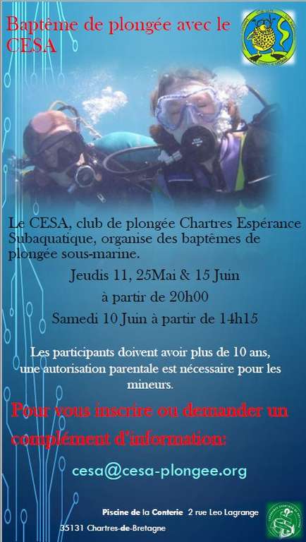 Baptêmes de plongée gratuits - Chartres-de-Bretagne (35)