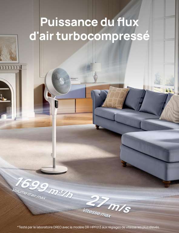Dreo PolyFan 502 Ventilateur Sur Pied Silencieux 23dB - Oscillation 120°+120°, 8 Vitesses, 3 Modes, Portée 24m, 1200m³/h