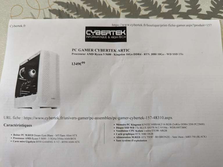 PC Fixe Cybertek Artic - Ryzen 5 5600, 16 Go RAM, 1To SSD, RTX 3080, sans OS