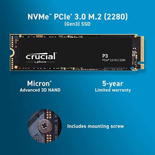 SSD interne M.2 NVMe (PCIe 3.0 x4) Crucial P3 (CT4000P3SSD8), 3D NAND QLC 176 couches, DRAM-less - 4 To