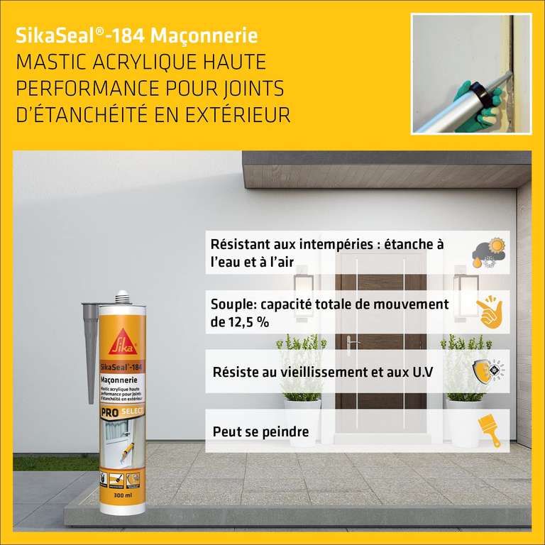 Mastic acrylique Sika Sikaseal-184 Maçonnerie haute performance pour joints d'étanchéité en extérieur - Gris béton, 300ml