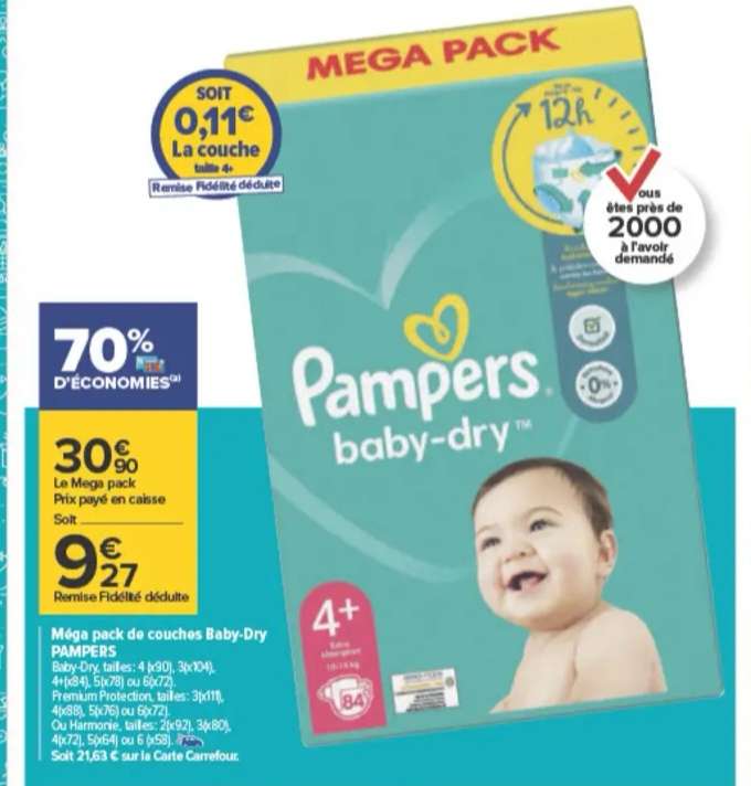 Méga pack Pampers Baby Dry - Différentes tailles (via 21.63€ sur carte de fidélité +BDR 2€ + ODR 3€)