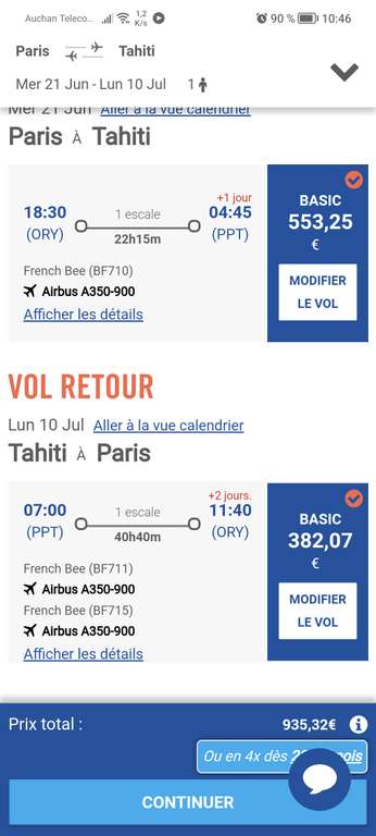 Vol A/R Paris (ORY) <-> Tahiti (PPT) - Ex: du 21 juin au 10 juillet avec bagage cabine