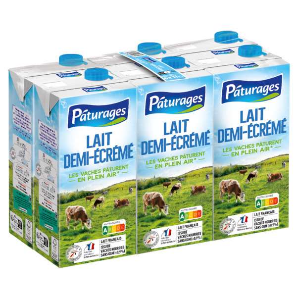 Pack de 6 bricks de lait demi-écrémé Pâturages - 6x1L (Via 1.14€ sur la carte de fidélité)