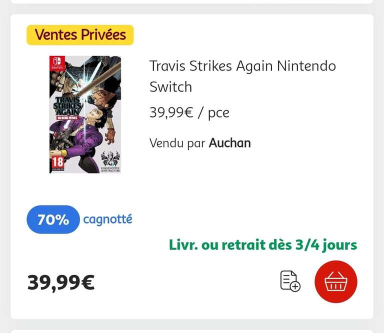 Sélection de jeux vidéos/accessoires en promotion sur Auchan.fr - Ex: Travis Strikes Again sur Switch (Via 27.99€ sur la carte de fidélité)