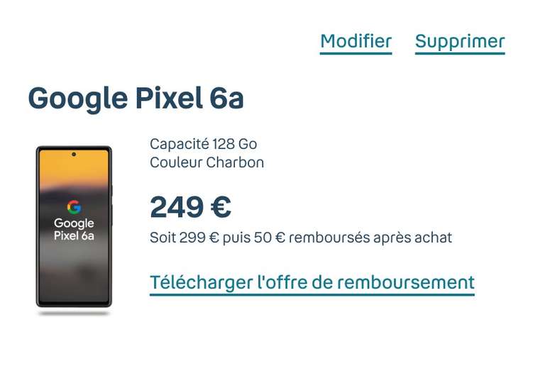 Smartphone 6,1" Google Pixel 6a - 128GO (via 50€ d'ODR)