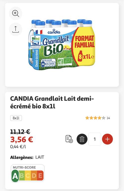 Pack de 8 bouteilles de lait demi écrémé Grandlait bio - Englos (59)
