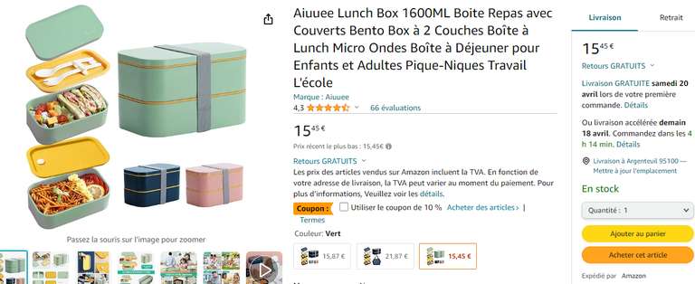 Boite à repas lunch box avec couverts, Bento Box à 2 couches, micro-ondable (vendeur tiers)