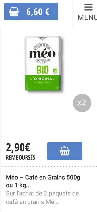 Lot de 2 paquets de 500g de caf Meo en Grains Original via 3 98