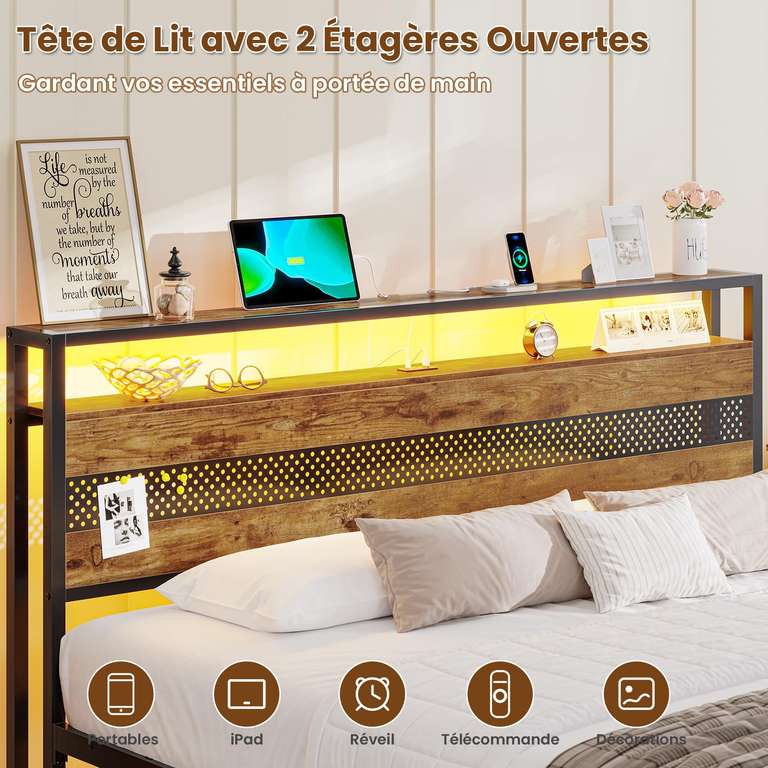 Lit Double 140x190 Avec LED Et Rangement - Sommier Intégré, Tête De Lit Capitonnée