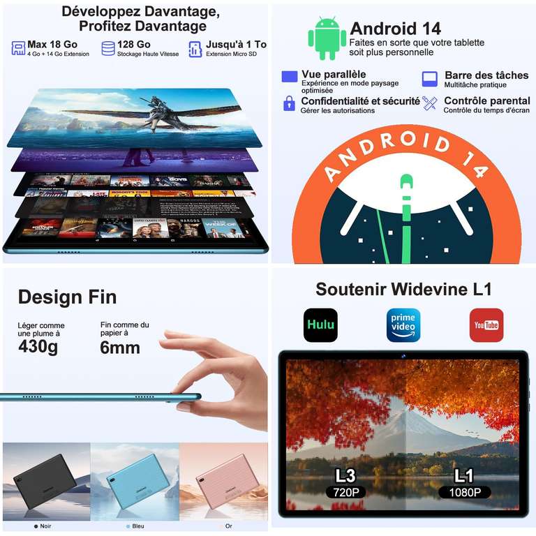 DMOAO Tablette Android 14 avec 5G Wi-FI 6, 18Go RAM + 128Go ROM(1 to Extensible), Tablette Tactile 10 Pouces avec Widevine L1, Bluetooth 5.0, 6000mAh, 8 cœurs 2.0 GHz, USB-C, Bleu