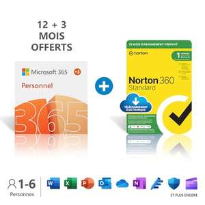 Licence Microsoft 365 Personnel - 1 personne - 15 Mois + Norton 360 Standard (Dématérialisé)