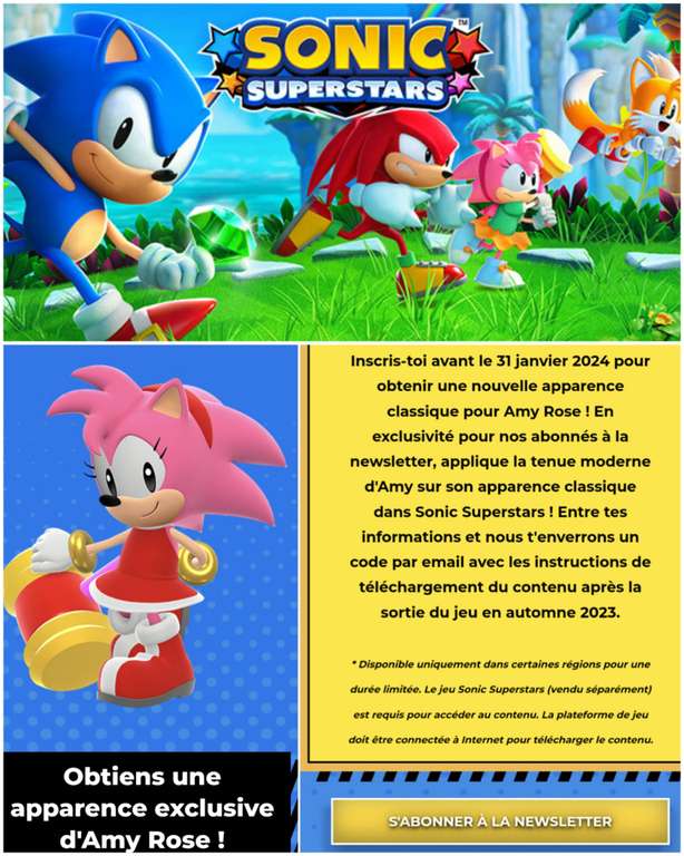 Contenu numérique : Skin moderne pour Amy Rose dans Sonic Superstars sur PS5, PS4, Xbox Series/One, Nintendo Switch, PC (Dématérialisé)