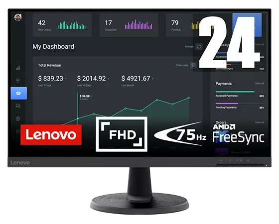 Lenovo D24-20 - Écran 23.8 FHD (VA, 75Hz, 4ms, HDMI+VGA, Câble VGA,  FreeSync) Inclinaison Réglable - Noir