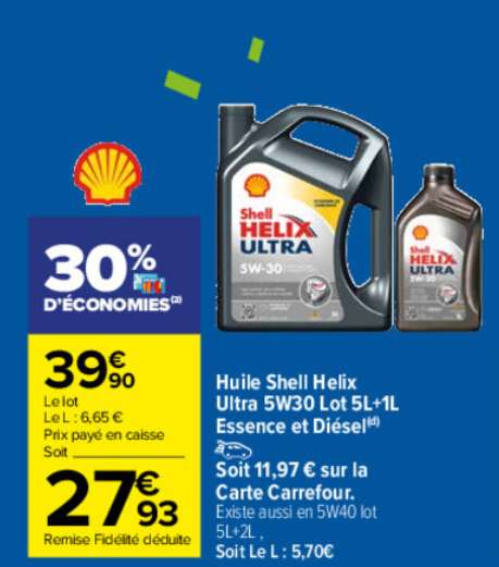 Lot de 2 bidons huile Shell Helix Ultra 5W30 Essence et Diesel - 5L + 1L (via 11.97€ sur carte fidélité)