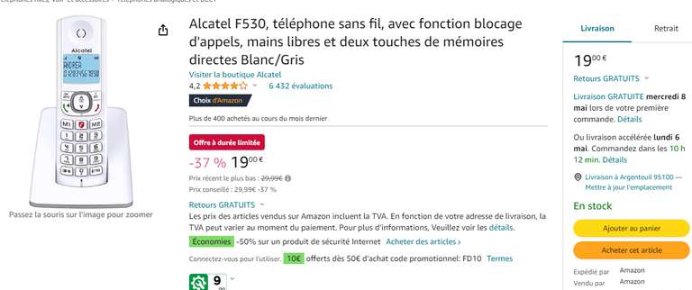 Téléphone Sans Fil Alcatel F530 - Avec Fonction Blocage D'appels, Mains Libres Et Deux Touches De Mémoires Directes