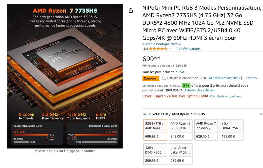 Mémoire RAM 48Go DDR5 - NIPOGI Mini PC AM08 Pro acheter